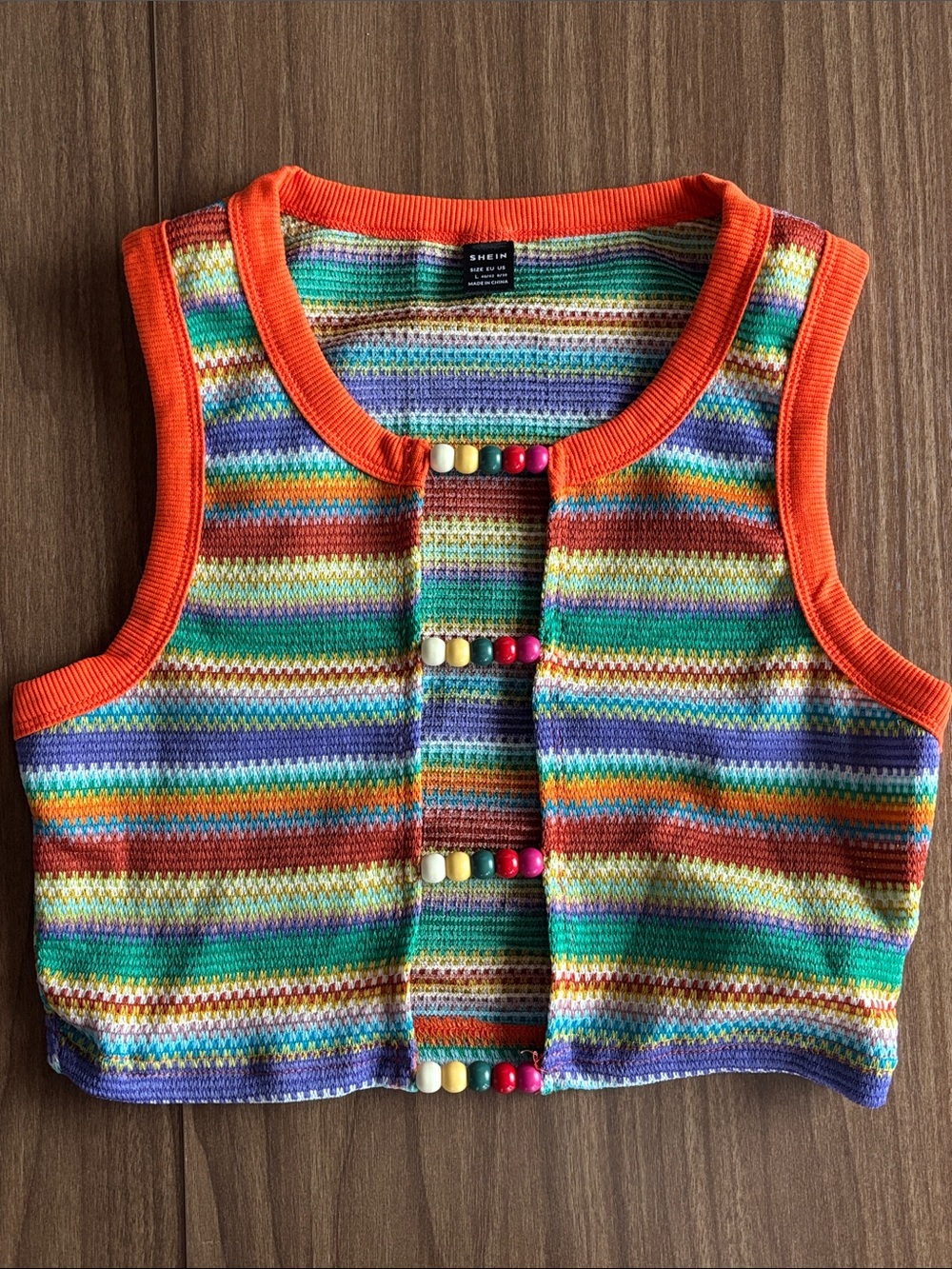 SHEIN Rainbow Striped Beaded Knit Crop Top with Orange Trim